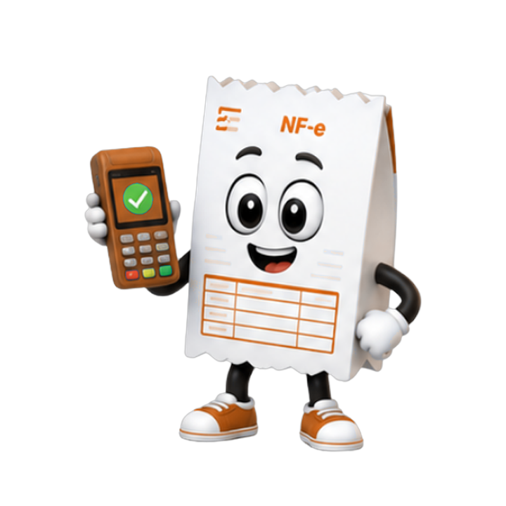 Notinha segurando a maquininha de cartão, com o pagamento já vinculado à NFC-e