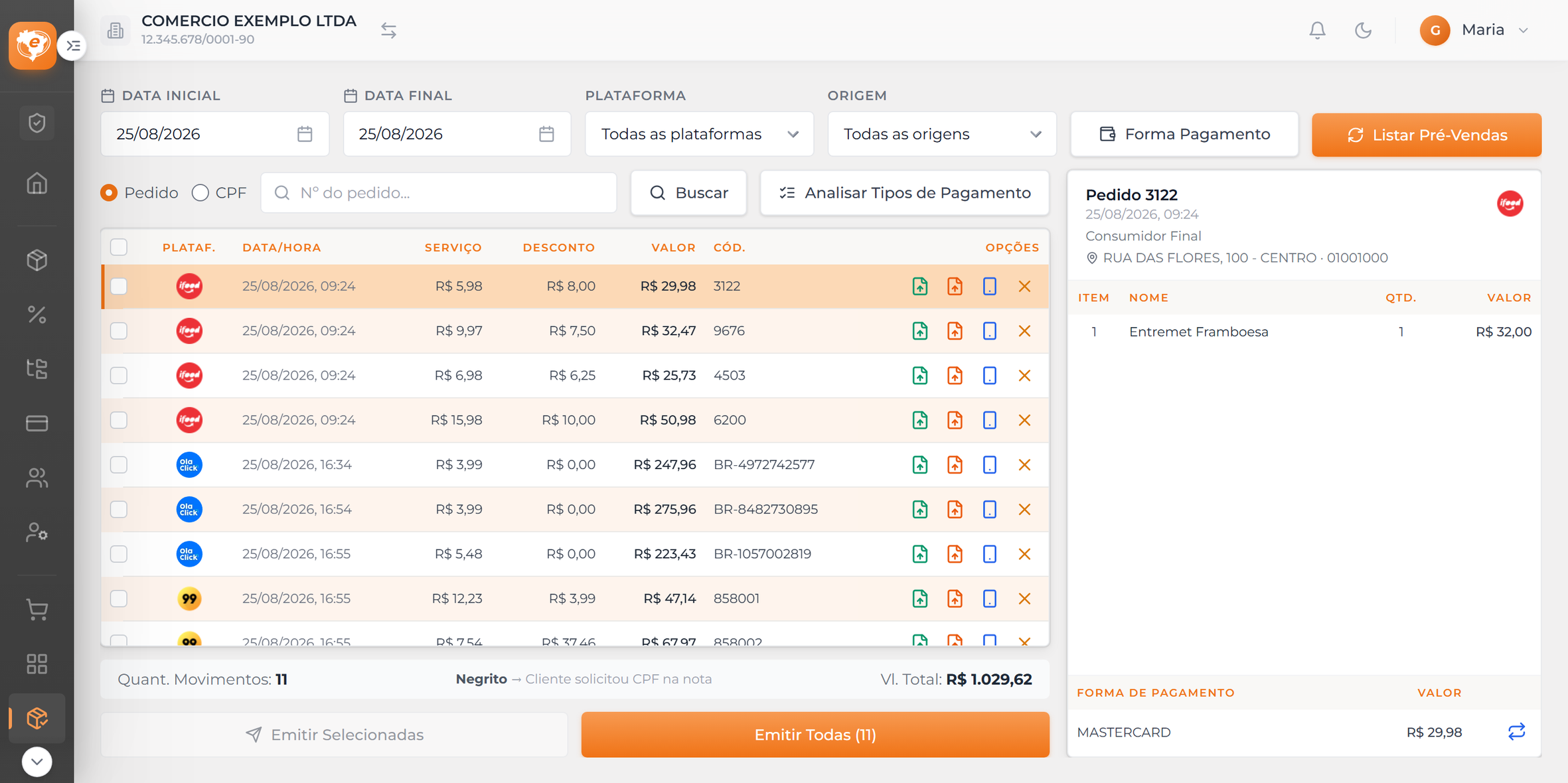 Tela de pedidos das integrações no NFC-e Fácil, com pedidos do iFood, OlaClick e 99 Food prontos para emissão
