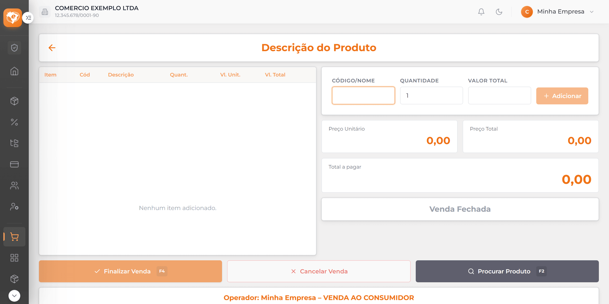 PDV do NFC-e Fácil em uma venda ao consumidor, com busca de produto e total a pagar